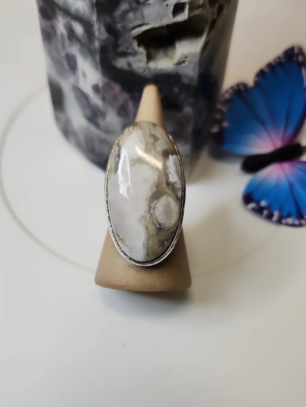 White and Green Ocean Jasper Oval Ring